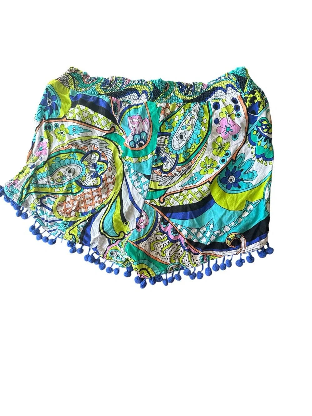 Trina Turk Blue and Green Printed Pom-Pom High Waist Shorts